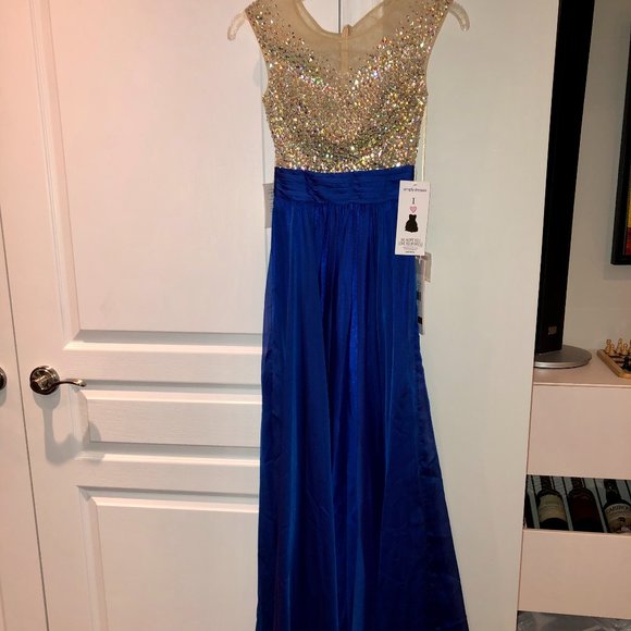 PROMGIRL - NAVY BLUE PROM DRESS WITH SPARKLY TOP - NEVER WORN - FITS SIZE XS - Picture 2 of 2